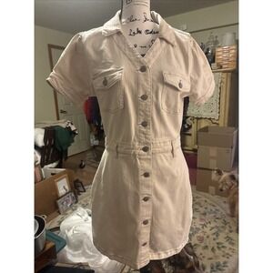 Celebrity Pink Denim Utility Mini Dress  Short Sleeve Stretch Cream Large